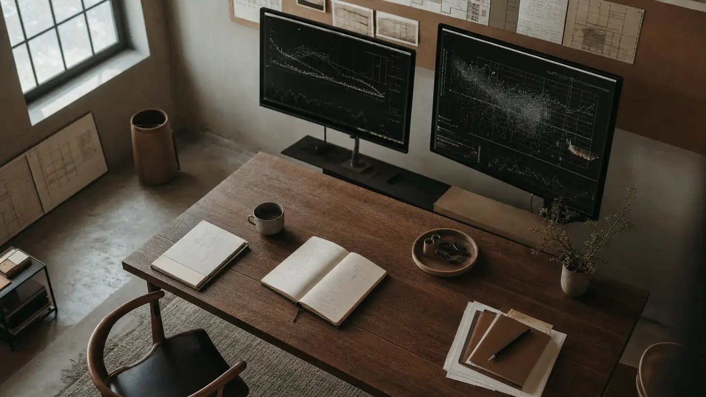 Quiet analytics desk with dual monitors showing abstract performance charts
