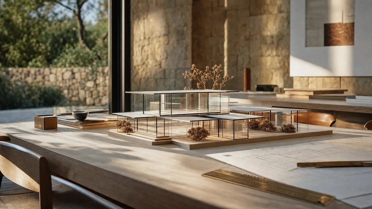 Sunlit architectural model on a conference table, standing in for cloud systems design