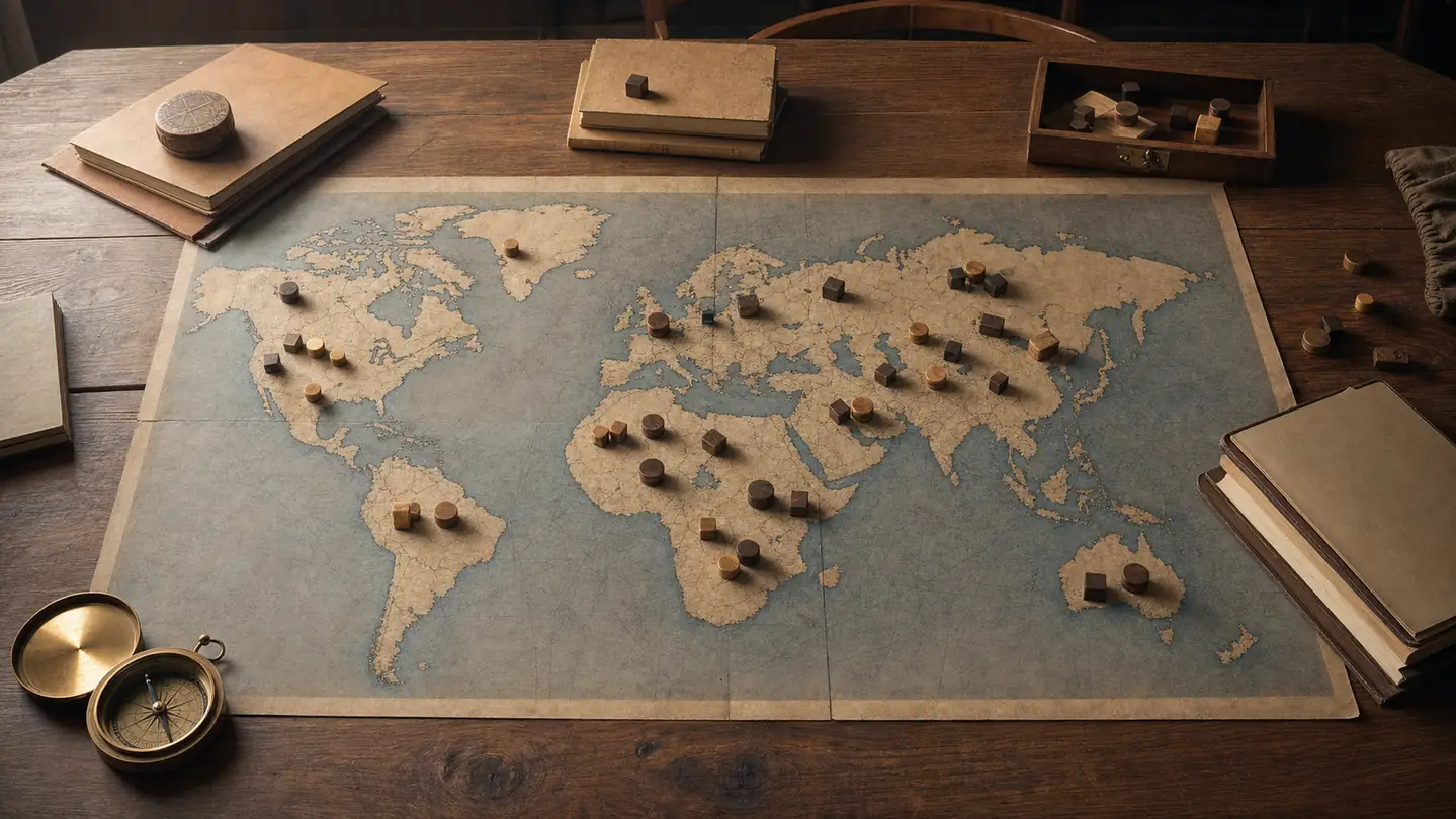 Overhead of a paper world map with wooden tokens used for geopolitical simulation